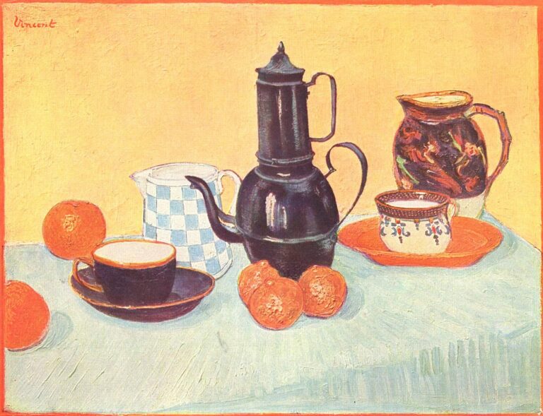 Still Life, Blue Enamel Coffeepot, Earthenware and Fruit